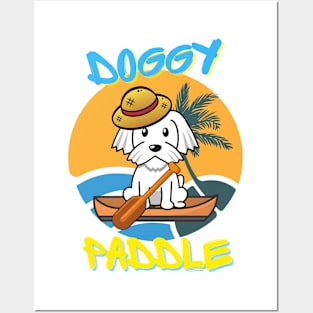 Cute white Dog is paddling on a boat Posters and Art